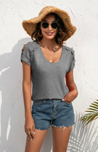 Women's Casual Lace Stitched V-Neck Pullover Short Sleeve Tops