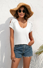 Women's Casual Lace Stitched V-Neck Pullover Short Sleeve Tops