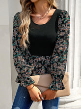 Women's new style casual long-sleeved knitted patchwork floral print top
