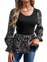 Women's new style casual long-sleeved knitted patchwork floral print top