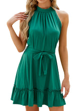 Women's new halter neck strap pleated sleeveless solid color dress