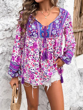 Women's Casual Spring and Summer Vacation Bohemian Print Lace-up Long Sleeve Shirt
