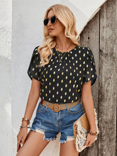 New round neck pleated polka dot short sleeve top