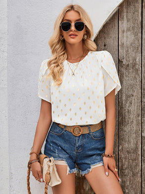 New round neck pleated polka dot short sleeve top