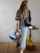 Fashionable Casual Leopard Print Hollow Lace Up Puff Sleeve Shirt Women's Top