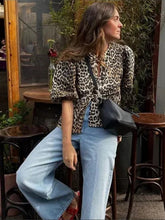 Fashionable Casual Leopard Print Hollow Lace Up Puff Sleeve Shirt Women's Top