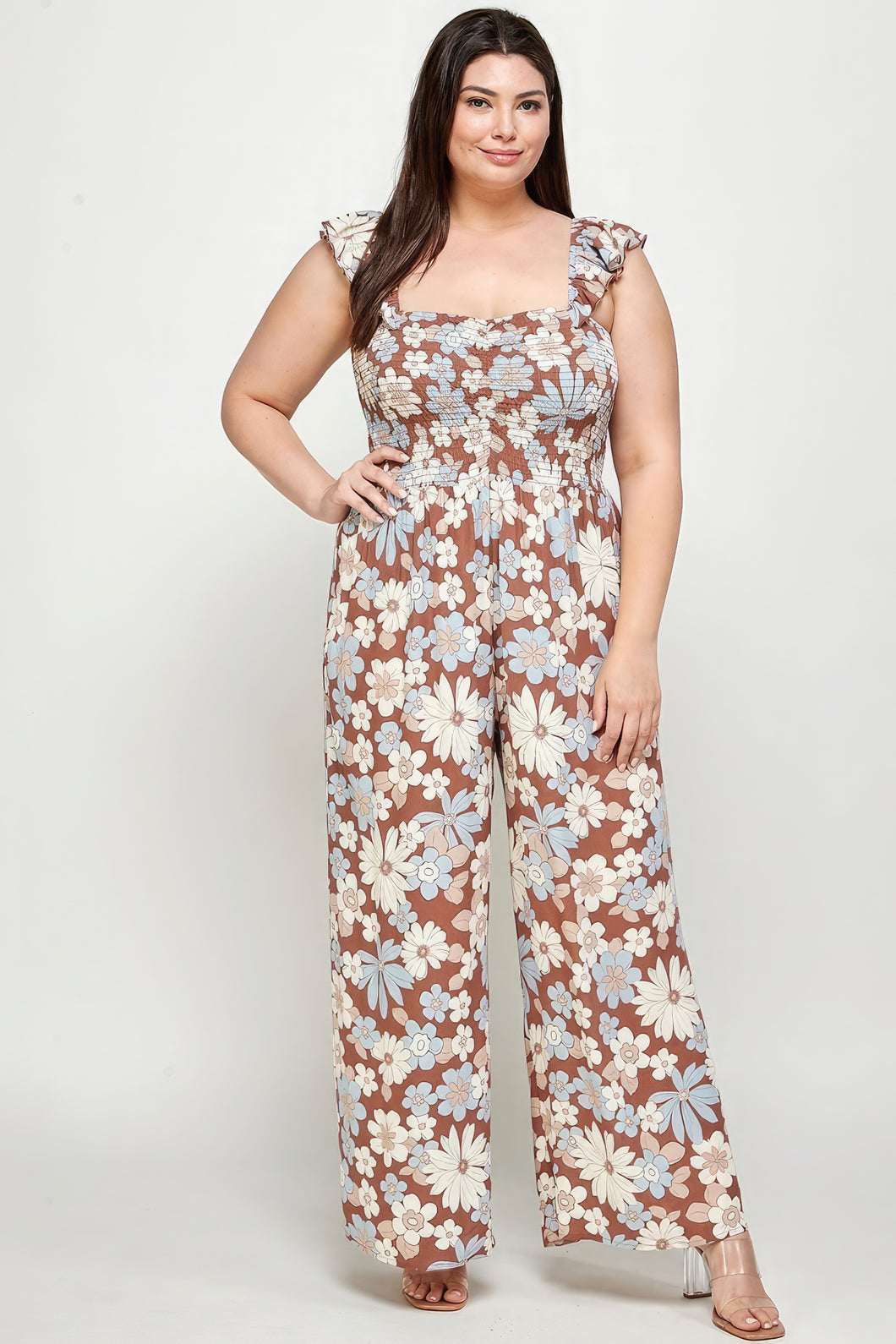 Plus Size Floral Print Smocked Jumpsuit