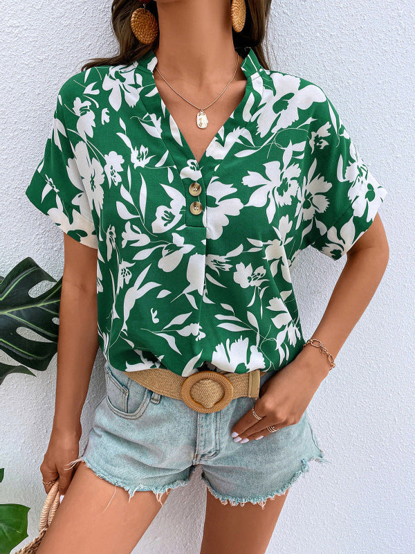 Women's Green Flower Print V-Neck Short Sleeve Shirt