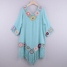 Women's Embroidered Three Quarter Sleeve Cotton Fringe Cover-up Dress