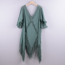 Women's Solid Color Embroidered Cotton Fringe Slit Cover-up Dress