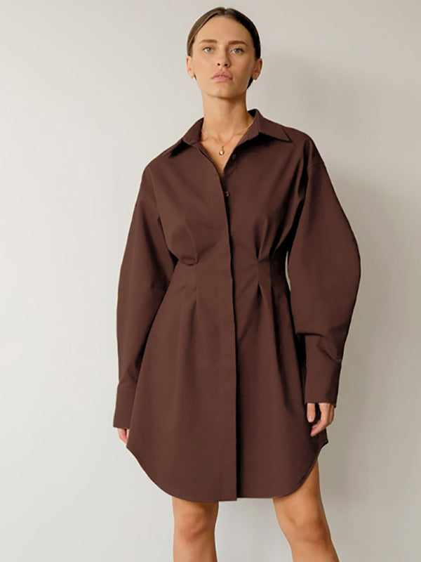 Women's Running Season Exaggerated Sleeve Front Button Point Collar Shirtdress