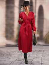 Women’s Solid Color V-neck Puff Long Sleeve Wrap Midi Dress