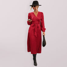 Women’s Solid Color V-neck Puff Long Sleeve Wrap Midi Dress
