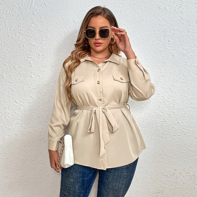 Women’s Plus Size Solid Color Point Collar Long Sleeve Front Button Closures Shirt