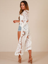 Embroidered lace bikini and mesh cardigan beach cover-up