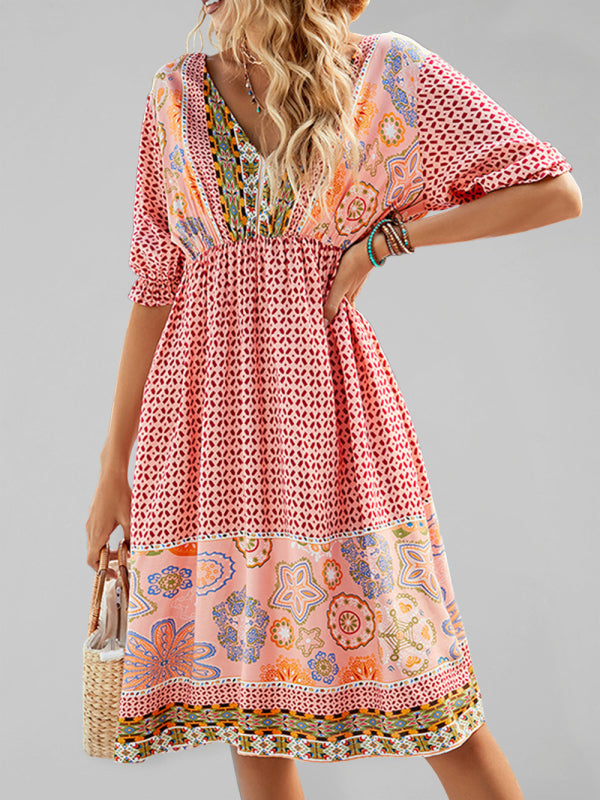 Women's Bohemian Print Puff Sleeve Button-up Midi Dress