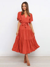 Women's Solid Color Ruffled Sleeves Faux-wrap Waist Tie Tiered Midi Dress
