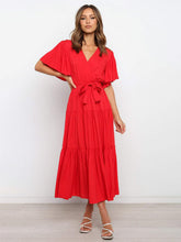 Women's Solid Color Ruffled Sleeves Faux-wrap Waist Tie Tiered Midi Dress