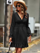 Women's Solid Color Long-sleeve V-neck Ruffle-hem Mini Dress