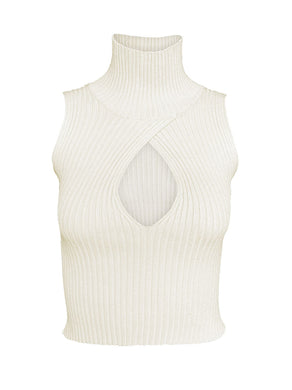 Women's Solid Color Cutout Sleeveless Sleeve Turtle Neck Rib Sweater