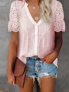 Women's Eyelet Lace Puff Sleeve V-Neck Top