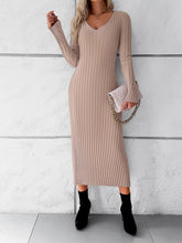 Women's solid color v-neck long-sleeved sweater dress