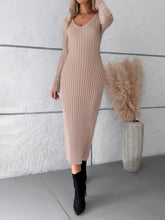 Women's solid color v-neck long-sleeved sweater dress