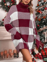 Turtleneck loose slimming plaid contrast sweater dress