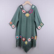 Women's Embroidered Three Quarter Sleeve Cotton Fringe Cover-up Dress