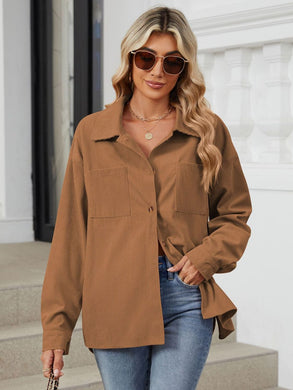 Button Up Dropped Shoulder Long Sleeve Outerwear