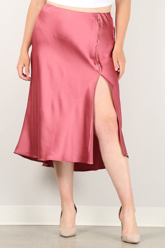 High-Waist Solid Skirt with Button Trim and Side Slit