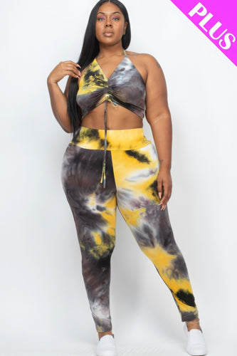 Plus Size Adjustable Ruched Crop Top and Leggings Set in Black/Mustard