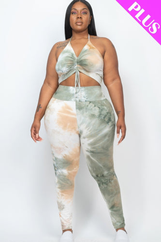 Plus Size Adjustable Ruched Crop Top and Leggings Set in Olive and Latte