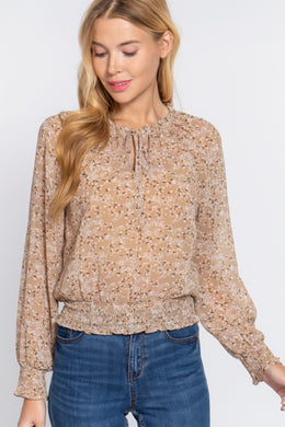 Long Slv Smocked Print Woven Top