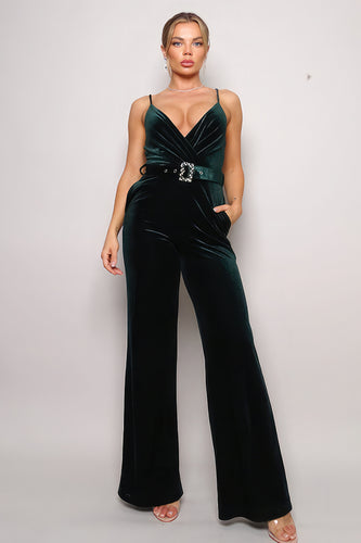 Hunter Green Velvet Jumpsuit with Rhinestone Belt and Adjustable Straps