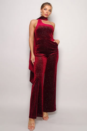 Burgundy Glitter Velvet Jumpsuit with Scarf Top and One-Shoulder Design