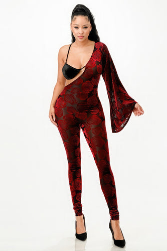 Burgundy Velvet Flocking Jumpsuit with Bell Sleeves and Attached Bra
