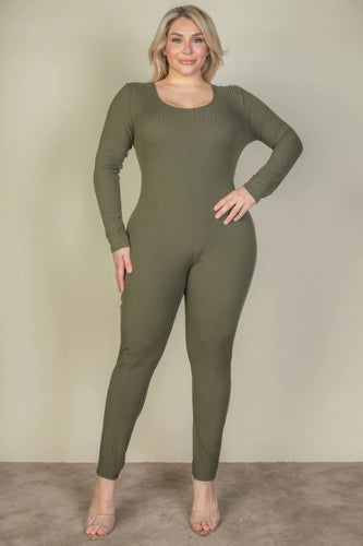 Plus Size Women's Ribbed Olive Scoop Neck Long Sleeve Jumpsuit