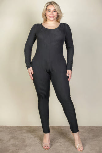 Plus Size Women's Black Ribbed Scoop Neck Long Sleeve Jumpsuit
