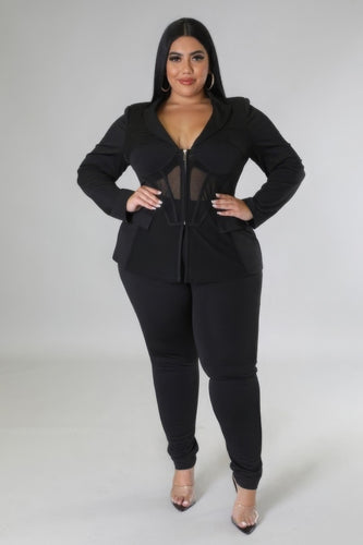 Black Two-Piece Set with Stretch Collar Top and High-Waisted Pants