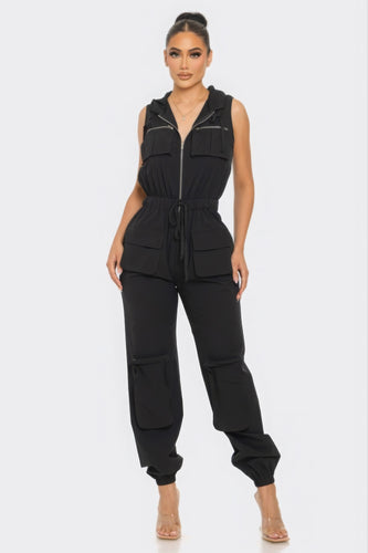 Cargo Jumpsuit with Hoodie and Zip-Up Closure, Relaxed Fit
