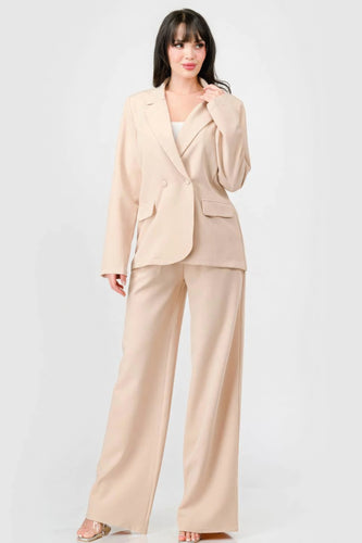 Stretch Woven Loose Fit Blazer and Wide Leg Pants Semi Formal Set