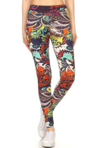 Multicolored Paisley Print Full-Length Yoga Leggings with Banded Waist