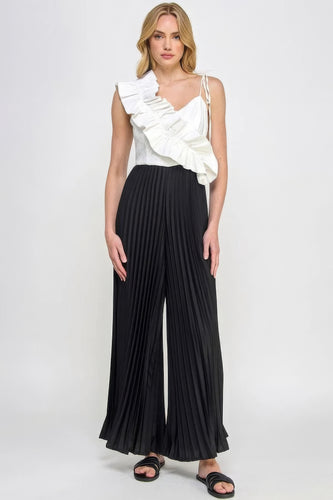 Cami Jumpsuit with Asymmetrical Ruffle and Pleated Bottom in Black/Off White
