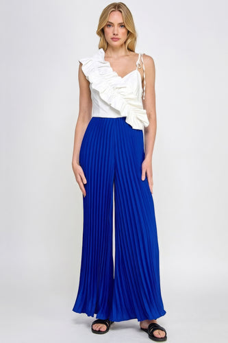 Cami Jumpsuit with Asymmetrical Ruffle and Pleated Bottom in Royal Blue/Off White