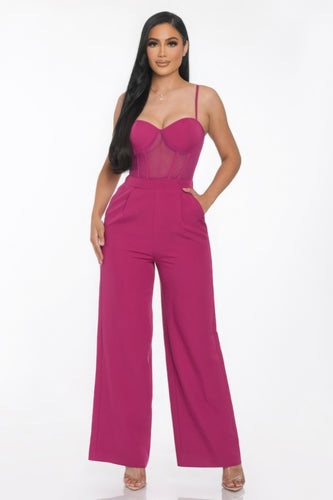 Magenta Wide Leg Jumpsuit with Mesh Insert and Cup Detail