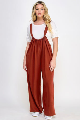 French Terry Wide Leg Jumpsuit Overalls in Brick Color Plus Size