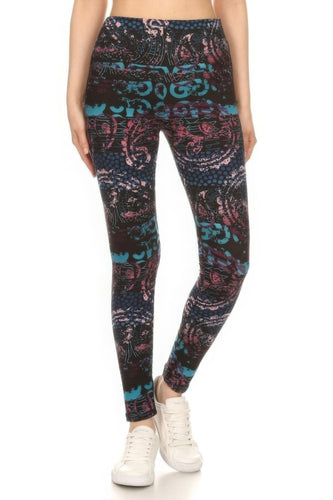 5-Inch Yoga Style Leggings with High Waist Banded Mixed Pattern Print