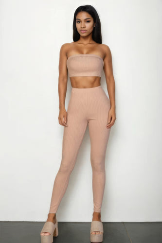 Khaki Ribbed Tube Top and Leggings Set for Women, S-L, Polyester Spandex