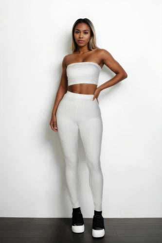White Ribbed Tube Top and Leggings Set with Bodycon Fit